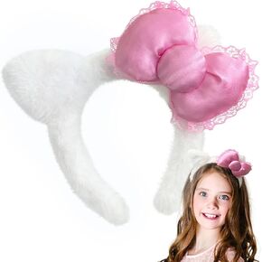 Kitty Headband Cat Ears Pink Bow White Hair Accessories Kitty Halloween Cosplay Gifts (Pink)