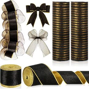 Riceshoot 4 Rolls Christmas Ribbons 2 Rolls 2.5" x 10 Yards Velvet Wired Ribbons and 2 Rolls 10" x 10 Yards Mesh Ribbon Rolls for Christmas Tree Decoration Gift Wrapping Bow DIY Crafts Decoration