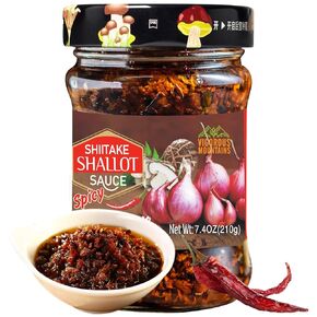 VIGOROUS MOUNTAINS Spicy Sauce - Fried Shallots, Chili Peppers, Shiitake and Spices, Perfect Dipping Sauce Good for Stir-fry, Noodles, Fried Rice, Vegan 7.4Oz (210g)