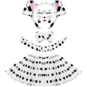 5 Pcs Halloween Costume Set Animal Ears Headband Tail Bowtie Tutu and Animal Face Sticker for Kids Adult Halloween Dress Up