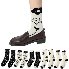 جوارب نسائية على شكل زهرة 5 أزواج جوارب قطنية لطيفة ذات كاحل مرتفع من Preppy جوارب منقوشة بفيونكة مخططة