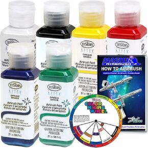 6 Color - Testors Aztek Premium Opaque Semi-Gloss Acrylic Airbrush Paint Set with Color Mixing Wheel and How to Airbrush Manual