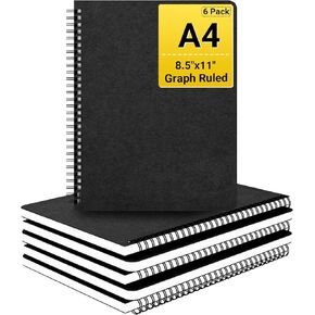 EUSOAR Graphing Notebook, Large A4 6Packs 8.5"x11" 120 Pages Graph Paper Notebook Spiral, Hardcover Spiral Grid Paper Notebook Composition for Math Science Engineering Artist Drawing-Black