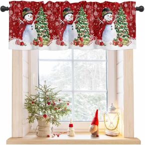Snowman Red Christmas Valances for Windows, Xmas Tree Balls Farmhouse Short Window Curtain Valances, Snowflake Rod Pocket Kitchen Valances for Living Room Bedroom Bathroom Cafe 42" x 12"