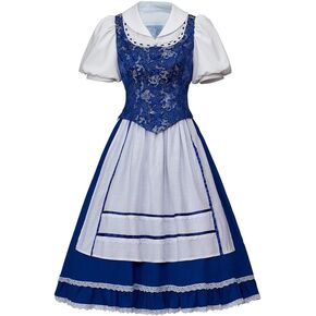 VEECOOCOS Princess Belle Cosplay Costume Belle Village Dress Women's Blue Maid Dress