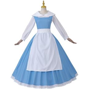 VEECOOCOS Princess Belle Cosplay Costume Belle Village Dress Women's Blue Maid Dress