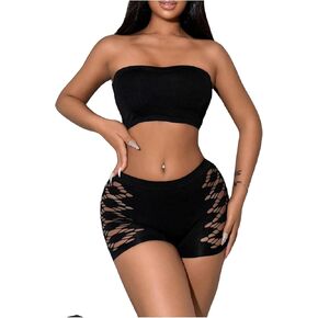 WDIRARA Women's 2 Piece Cut Out Strapless Bralette and Boyshorts Underwear Lingerie Set