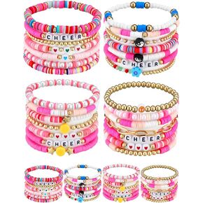 28 Pcs Cheer Bracelets 4 Set Cheer Gifts for Team Clay Bead Cheerleading Bracelets Bulk Y2K Stretchy Bracelets for Women Beach Preppy Bead Heishi Pearl Stackable Bracelets Set