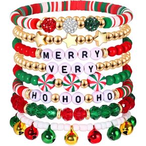 FAERLIIRY Christmas Beaded Stretch Bracelets Stackable Polymer Clay Disc Beads Bracelets Heishi Surfer Perppy Adjustable Bracelets in Kuwait