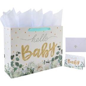 16.5" Extra Large White Gift Bag Set with Greeting Card and Tissue Papers (Gold Glitter ‘Baby’) for Baby Shower, Baby Girl or Boy, Girls' Birthday Party, Women's Birthday Parties - 16.5"x5.5"x12.6", 1 Pcs.