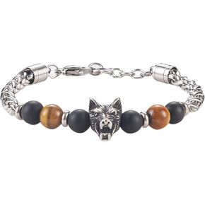 Stainless Steel Bracelet for Men, Mens Sliver Bracelet with 8MM Tiger Eye Stone Mens Bracelet Jewellry Gifts, 7.5"+2