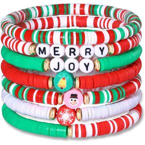 FAERLIIRY Christmas Beaded Stretch Bracelets Stackable Polymer Clay Disc Beads Bracelets Heishi Surfer Perppy Adjustable Bracelets