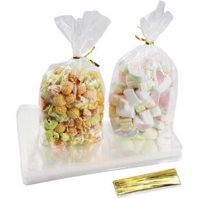 Prembag 100Pcs Flat Bottom Cellophane Bags 6x10 Inch Clear Cello Cellophane Treat Goodie Bags with Bottom Gusset for Popcorn,Candy,Bakery,Cookies,Party Favors(No Side Gusset)