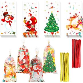 100 Pieces Christmas Cellophane Party Bags Xmas Treats Bags Cute Cookie Party Bags Candy Goodie Bags Mixed Color Bags and 150 Pieces Twist Ties for Christmas Party Holiday Supplies