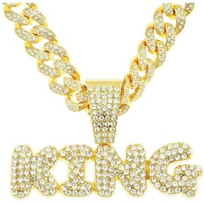 Letter King Pendant for Men Hip Hop King Cuban Necklace, Sparkly King Cuban Link Chain Iced Out King Cuban Chain Necklace Men’s Gold Stylish King Cuban Jewelry Cool King Cuban Necklace