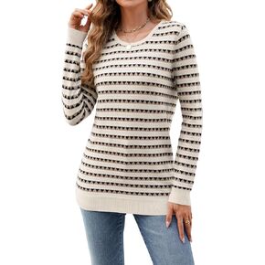 OUGES Womens 2024 Long Sleeve Fall Maternity Sweaters Crewneck Striped Casual Pregnancy Tunic Tops Maternity Clothes