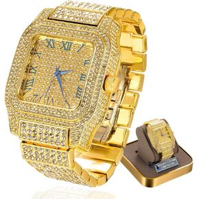 Halukakah Moissanite Diamond Gold Watch for Men - Luxury 18k Real Gold/Platinum White Gold Plated,Basic Waterproof,Swiss Quartz Roman Numerals Square Face Dial,200G Heavy-Made,3-Sides Iced Out,9.5" Wristband - Giftbox Included,Gift for Son Grandson Boyfre