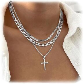 LAKIYOYO Gold Layered Necklace for Women Adjustable Multilaye CZ Diamond Cross Pendant Necklace Dainty Stackable Chain Choker Gold Layering Paperclip Chain Simple Jewelry Gift