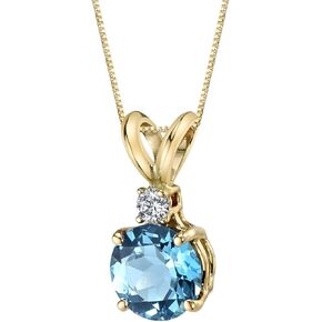 PEORA Swiss Blue Topaz with Genuine Diamond Pendant in 14K Yellow Gold, Elegant Solitaire, Round Shape, 6.50mm, 1.30 Carats total, Elegant Sky Blue Topaz Necklace, Blue Gemstone Necklace