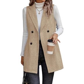 IDEALSANXUN Long Vest for Women Sleeveless Tweed Blazer Fall Jackets Cardigan Outerwear