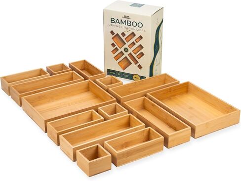 Grow Forward Bamboo Drawer Organizer Boxes - Set of 14 Wooden Drawer Organizers for Kitchen, Bathroom, Office, Desk, Vanity, Makeup - Non-Slip Junk Drawer Organizer Trays for Storage and Organization in Kuwait