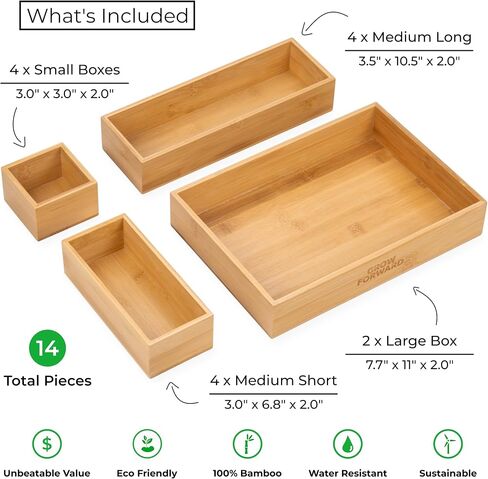 Grow Forward Bamboo Drawer Organizer Boxes - Set of 14 Wooden Drawer Organizers for Kitchen, Bathroom, Office, Desk, Vanity, Makeup - Non-Slip Junk Drawer Organizer Trays for Storage and Organization in Kuwait