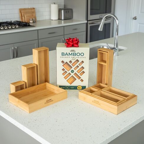 Grow Forward Bamboo Drawer Organizer Boxes - Set of 14 Wooden Drawer Organizers for Kitchen, Bathroom, Office, Desk, Vanity, Makeup - Non-Slip Junk Drawer Organizer Trays for Storage and Organization in Kuwait