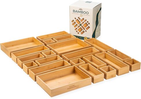 Grow Forward Bamboo Drawer Organizer Boxes - Set of 14 Wooden Drawer Organizers for Kitchen, Bathroom, Office, Desk, Vanity, Makeup - Non-Slip Junk Drawer Organizer Trays for Storage and Organization in Kuwait