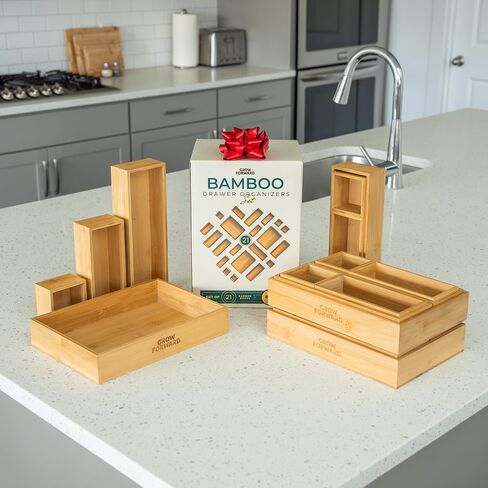 Grow Forward Bamboo Drawer Organizer Boxes - Set of 14 Wooden Drawer Organizers for Kitchen, Bathroom, Office, Desk, Vanity, Makeup - Non-Slip Junk Drawer Organizer Trays for Storage and Organization in Kuwait