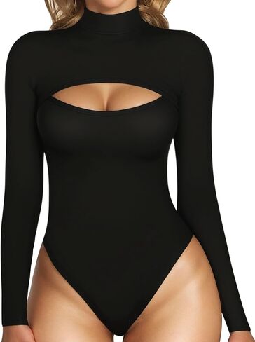 MANGOPOP Women's Deep V Neck Long Sleeve Tops Bodysuit + Cut Out Long Sleeve Bodysuit in Saudi Arabia