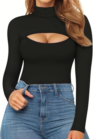 MANGOPOP Women's Deep V Neck Long Sleeve Tops Bodysuit + Cut Out Long Sleeve Bodysuit in Saudi Arabia