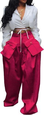 Women's High Waisted Wide Leg Satin Cargo Pants Flowy Trousers with Zipper Pockets in Saudi Arabia