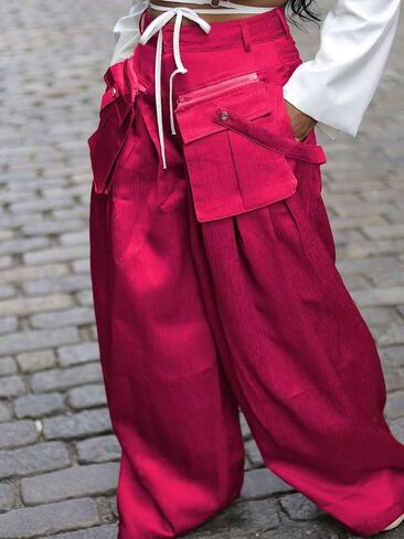 Women's High Waisted Wide Leg Satin Cargo Pants Flowy Trousers with Zipper Pockets in Saudi Arabia