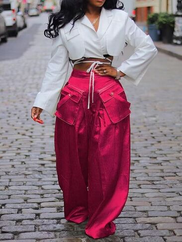 Women's High Waisted Wide Leg Satin Cargo Pants Flowy Trousers with Zipper Pockets in Saudi Arabia