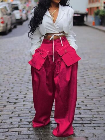 Women's High Waisted Wide Leg Satin Cargo Pants Flowy Trousers with Zipper Pockets in Saudi Arabia