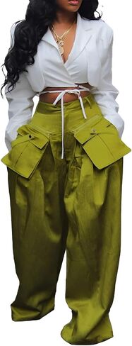 Women's High Waisted Wide Leg Satin Cargo Pants Flowy Trousers with Zipper Pockets in Saudi Arabia