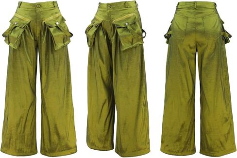 Women's High Waisted Wide Leg Satin Cargo Pants Flowy Trousers with Zipper Pockets in Saudi Arabia