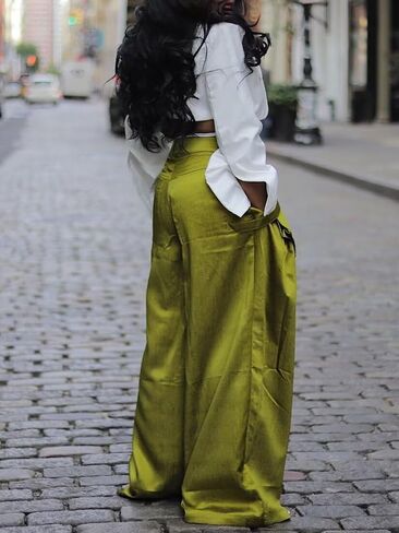 Women's High Waisted Wide Leg Satin Cargo Pants Flowy Trousers with Zipper Pockets in Saudi Arabia