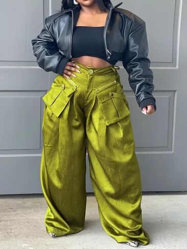 Women's High Waisted Wide Leg Satin Cargo Pants Flowy Trousers with Zipper Pockets in Saudi Arabia