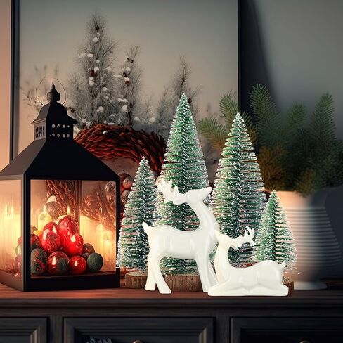Wesiti 2 Pcs Ceramic Christmas Reindeer Figurines 4 Pcs Mini Christmas Pine Tree Reindeer Decor Deer Statue Sculpture Tabletop Ornaments for Home Mantel Shelves Decor in Saudi Arabia