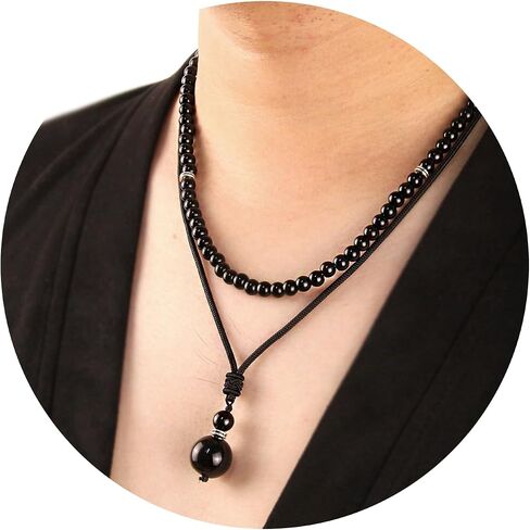 2Pcs Black Obsidian Necklace - Beaded Necklace for Men - Protection Necklace Men Choker Necklaces Obsidian Beads Pendant Jewelry Gifts for Men in Saudi Arabia