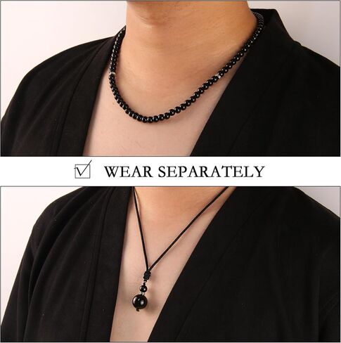 2Pcs Black Obsidian Necklace - Beaded Necklace for Men - Protection Necklace Men Choker Necklaces Obsidian Beads Pendant Jewelry Gifts for Men in Saudi Arabia
