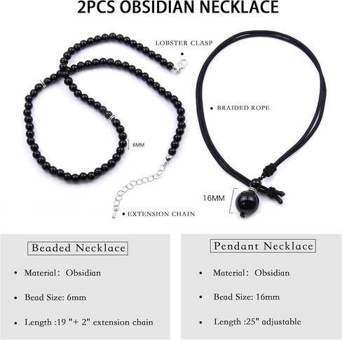 2Pcs Black Obsidian Necklace - Beaded Necklace for Men - Protection Necklace Men Choker Necklaces Obsidian Beads Pendant Jewelry Gifts for Men in Saudi Arabia