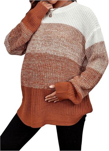 MakeMeChic Women's Maternity Sweater Tops Color Block Striped Long Sleeve Round Neck Pregnancy Knit Tops in Saudi Arabia