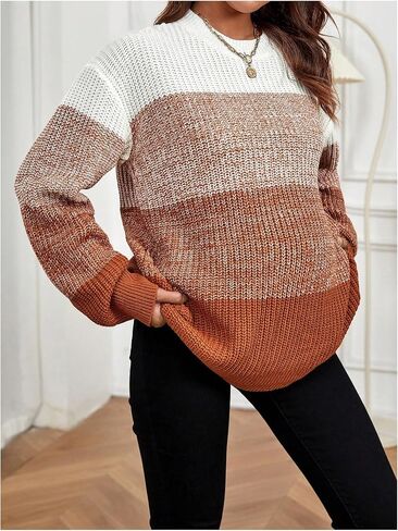 MakeMeChic Women's Maternity Sweater Tops Color Block Striped Long Sleeve Round Neck Pregnancy Knit Tops in Saudi Arabia