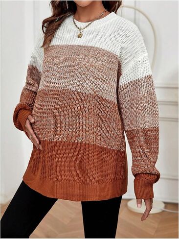 MakeMeChic Women's Maternity Sweater Tops Color Block Striped Long Sleeve Round Neck Pregnancy Knit Tops in Saudi Arabia