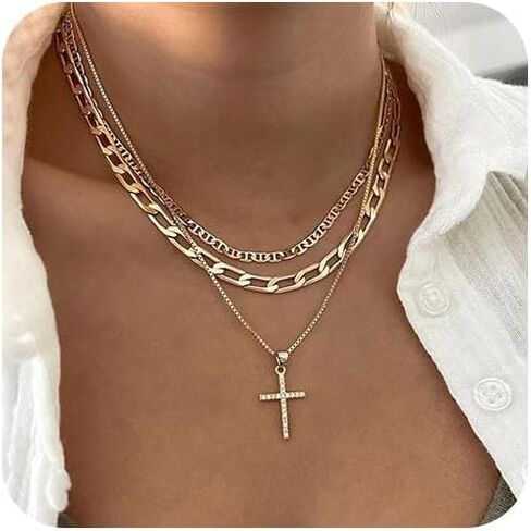 LAKIYOYO Gold Layered Necklace for Women Adjustable Multilaye CZ Diamond Cross Pendant Necklace Dainty Stackable Chain Choker Gold Layering Paperclip Chain Simple Jewelry Gift in Kuwait