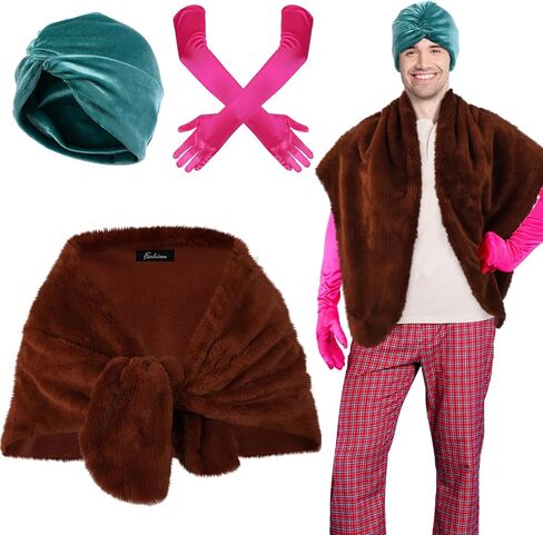 yahenda 3 قطع أزياء علية عيد الميلاد في الثمانينيات تتضمن قبعة عمامة خضراء وقفازات وردية من الفرو الصناعي للرجال والنساء والبالغين في العطلات التنكرية in Kuwait
