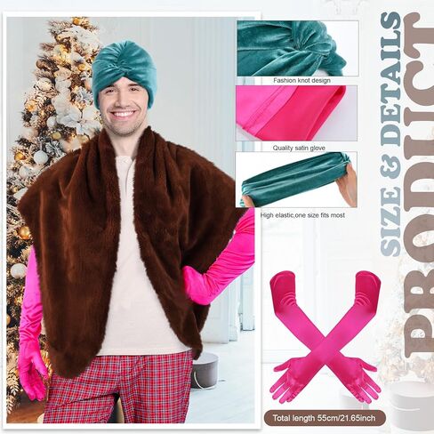 yahenda 3 قطع أزياء علية عيد الميلاد في الثمانينيات تتضمن قبعة عمامة خضراء وقفازات وردية من الفرو الصناعي للرجال والنساء والبالغين في العطلات التنكرية in Kuwait