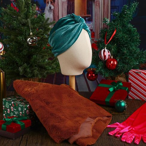 yahenda 3 قطع أزياء علية عيد الميلاد في الثمانينيات تتضمن قبعة عمامة خضراء وقفازات وردية من الفرو الصناعي للرجال والنساء والبالغين في العطلات التنكرية in Kuwait